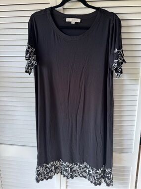 LOFT Black Shift Dress with White Floral Embroidery